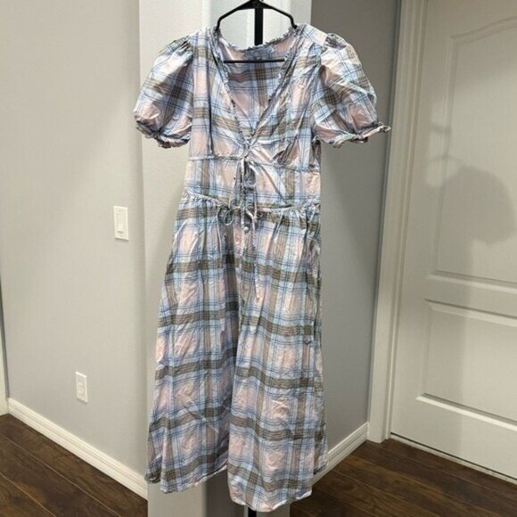 Hill House Sabrina Nap Dress in Spring Plaid Blue Pink Cottagecore Farmhouse M • - Picture 2 of 12